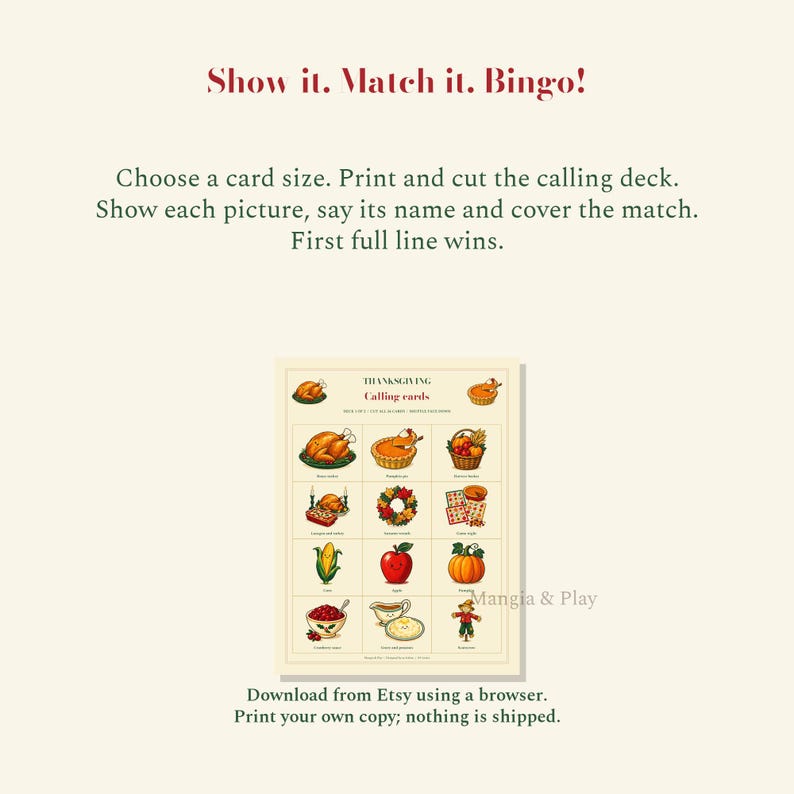 Draw and show one of the 24 illustrated calling cards, then match the picture on your player card.