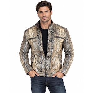Men's Snakeskin Embossed Leather Jacket, Python Biker Coat, Exotic Reptile Texture, Luxury Statement Outerwear, 3rd Wedding Anniversary Gift