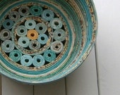 Recycled Coiled Paper Basket Bowl, Handmade - Shades of Aqua and Teal, 5 inch Diameter