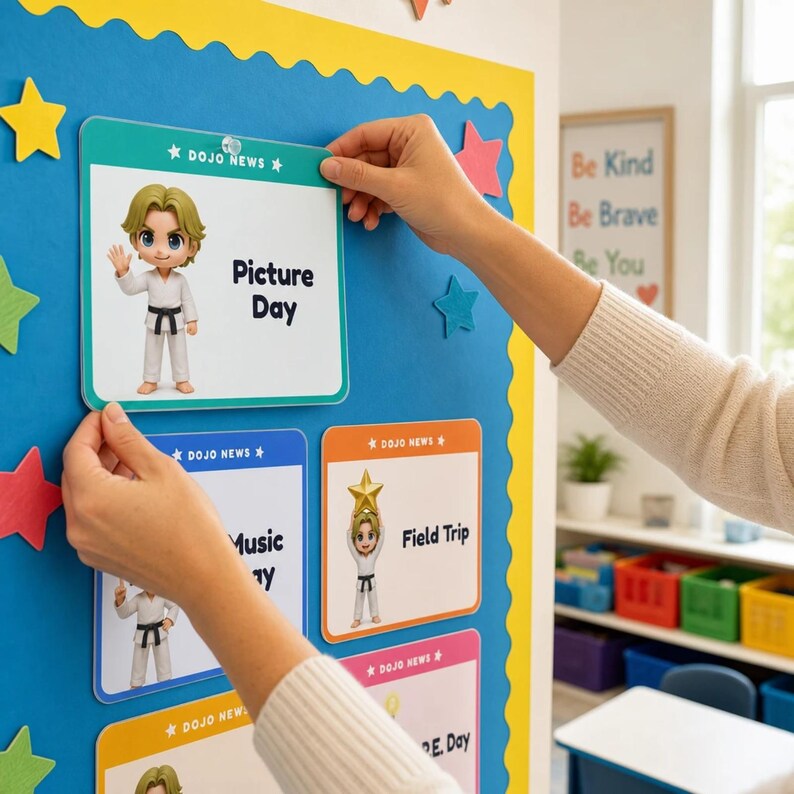 May include: A rectangular sign labeled Dojo News with a cartoon character in a white karate uniform waving, featuring the text Picture Day. The sign is displayed on a blue bulletin board decorated with colorful paper stars.