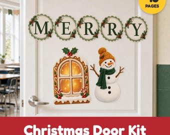 May include: A set of Christmas door decorations featuring five circular scalloped signs spelling MERRY in dark green letters, a gingerbread-style window with candy canes, and a snowman wearing an orange knit hat and green scarf.