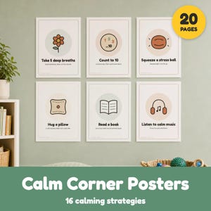 Puede incluir: Un conjunto de seis pósteres educativos con estrategias de calma, ilustraciones y textos como Take 5 deep breaths, Count to 10, Squeeze a stress ball, Hug a pillow, Read a book y Listen to calm music, con una insignia amarilla de 20 pages.