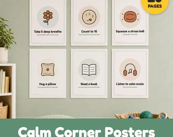 May include: A set of six educational posters featuring calming strategies with illustrations and text including Take 5 deep breaths, Count to 10, Squeeze a stress ball, Hug a pillow, Read a book, and Listen to calm music, with a yellow 20 pages badge.