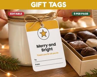Merry and Bright Gift Tag Printable, Editable Christmas Tags for Candles and Chocolates, Coworker, Teacher and Staff Gifts