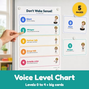 May include: A Don't Wake Sensei voice level chart featuring levels 0 through 4 with corresponding text and illustrations of a character in a karate uniform. Includes a yellow circle badge stating 5 pages and two separate rectangular cards.