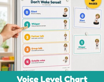 May include: A Don't Wake Sensei voice level chart featuring levels 0 through 4 with corresponding text and illustrations of a character in a karate uniform. Includes a yellow circle badge stating 5 pages and two separate rectangular cards.