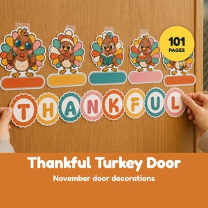 May include: A set of colorful turkey-themed paper cutouts featuring cartoon turkeys with multi-colored feathers and blank name tags, along with scalloped circular cutouts spelling the word THANKFUL and a yellow circle labeled 101 PAGES.