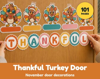 May include: A set of colorful turkey-themed paper cutouts featuring cartoon turkeys with multi-colored feathers and blank name tags, along with scalloped circular cutouts spelling the word THANKFUL and a yellow circle labeled 101 PAGES.