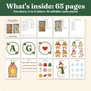 K&ouml;nnte beinhalten: Ein 65-seitiges, druckbares Klassenzimmert&uuml;r-Set mit Weihnachts- und Wintermotiven. Enth&auml;lt zwei T&uuml;rdesigns, Buchstaben von A bis Z, 96 bearbeitbare Namensschilder, Lebkuchenfiguren, Schneem&auml;nner, S&uuml;&szlig;igkeiten-Grafiken und Schneeflocken-Ausschnitte.