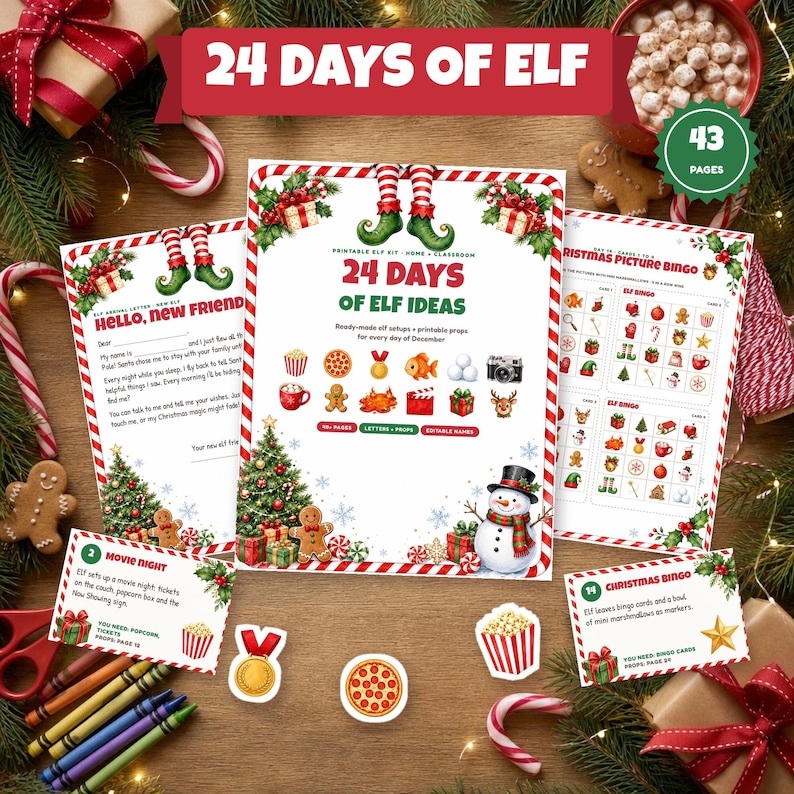 May include: A printable Christmas elf activity kit featuring 24 days of elf ideas, including instruction cards, bingo sheets, and a welcome letter. The pages are decorated with illustrations of elf legs, a snowman, a Christmas tree, and various holiday icons.