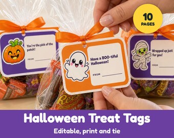 May include: Three clear plastic treat bags tied with orange ribbons, each featuring a rectangular Halloween tag. The tags display cartoon characters including a pumpkin, a ghost, and a mummy, with text reading You're the pick of the patch, Have a BOO-tiful Halloween, and Wrapped up just for you.
