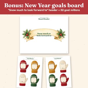 K&ouml;nnte beinhalten: Ein druckbares Neujahrs-Zielboard-Set mit einer beigen Banner-&Uuml;berschrift, gr&uuml;nem Stechpalmenlaub, roten Beeren und dem Text "Snow much to look forward to". Das Set enth&auml;lt Seiten mit illustrierten F&auml;ustlingen in Rot, Gelb, Gr&uuml;n und Creme.