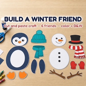 May include: A cut and paste craft kit titled BUILD A WINTER FRIEND with 6 friends in color and B&W. The set includes paper cutouts of a penguin and snowman with accessories like a teal beanie, scarf, top hat, mittens, and stick arms.