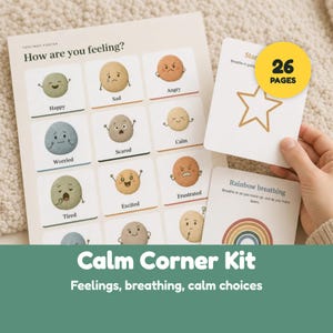 Puede incluir: Un póster de sentimientos titulado How are you feeling? con ilustraciones de personajes redondos con diversas expresiones, junto a tarjetas de ejercicios de respiración, incluyendo un gráfico de estrella y arcoíris.