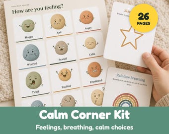 May include: A Feelings Poster titled How are you feeling? featuring illustrations of round characters with various expressions, alongside cards for breathing exercises, including a star and rainbow graphic with 26 pages text.