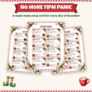 May include: Three rectangular white cards with red and green holly borders, titled Elf Idea Cards. The cards feature numbered lists of daily holiday activities with text and small illustrations, including a red mug with marshmallows and elf shoes.