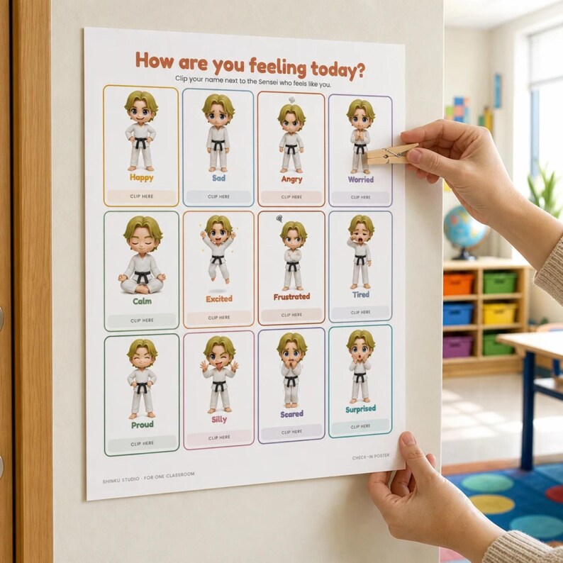 Puede incluir: Un p&oacute;ster blanco titulado How are you feeling today? que presenta doce personajes Sensei ilustrados con uniformes de karate blancos, cada uno representando una emoci&oacute;n diferente con etiquetas como Happy, Sad, Angry, Worried, Calm, Excited, Frustrated, Tired, Proud, Silly, Scared y Surprised.