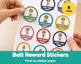May include: A sheet of circular reward stickers featuring cartoon characters in martial arts uniforms. Each sticker includes text such as Calm Class, Quiet Hero, Super Reader, Great Question, Kind Words, Kind Heart, and Great Job. A yellow circle indicates 9 pages.