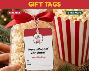 Popcorn Gift Tags Printable, Editable Poppin Christmas Gift Tag for Coworkers, Teachers and Staff, Instant Download