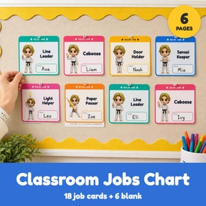 May include: A classroom jobs chart featuring eight rectangular cards with rounded corners, each displaying a cartoon character in a white martial arts uniform. The cards are labelled with titles like Line Leader, Caboose, Door Holder, Sensei Keeper, Light Helper, and Paper Passer, along with names like Ava, Liam, Noah, Mia, Leo, Zoe, Eli, and Ivy.