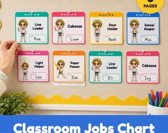May include: A classroom jobs chart featuring eight rectangular cards with rounded corners, each displaying a cartoon character in a white martial arts uniform. The cards are labeled with titles like Line Leader, Caboose, Door Holder, Sensei Keeper, Light Helper, and Paper Passer, along with names like Ava, Liam, Noah, Mia, Leo, Zoe, Eli, and Ivy.