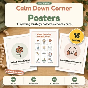 Puede incluir: Un conjunto de 16 p&oacute;steres y tarjetas de elecci&oacute;n Calm Down Corner con colores neutros e ilustraciones. Los p&oacute;steres muestran textos como When I have big feelings, I can, Take 5 deep breaths y Listen to calm music, con iconos de estrategias de calma.