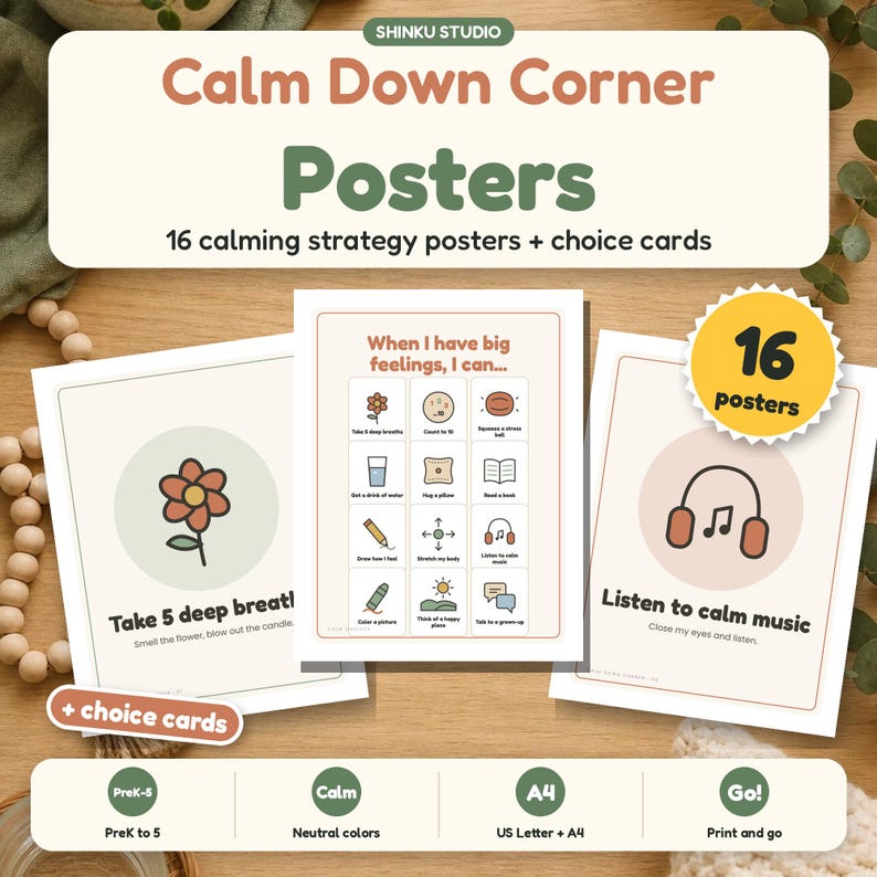 Puede incluir: Un conjunto de 16 p&oacute;steres y tarjetas de elecci&oacute;n Calm Down Corner con colores neutros e ilustraciones. Los p&oacute;steres muestran textos como When I have big feelings, I can, Take 5 deep breaths y Listen to calm music, con iconos de estrategias de calma.