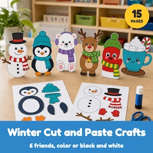 May include: A set of winter-themed cut and paste craft templates featuring six characters: a snowman, penguin, polar bear, reindeer, mitten, and hot cocoa mug. Includes printed sheets with individual parts and a glue stick.