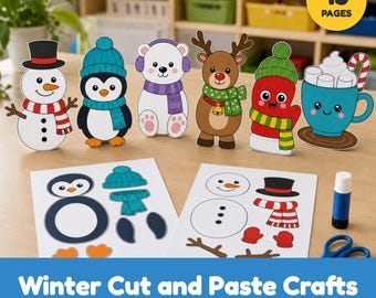 May include: A set of winter-themed cut and paste craft templates featuring six characters: a snowman, penguin, polar bear, reindeer, mitten, and hot cocoa mug. Includes printed sheets with individual parts and a glue stick.