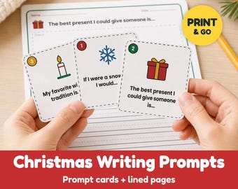 May include: Three square white cards with dashed borders and numbered circles, featuring holiday icons and text prompts: My favorite winter tradition is, If I were a snowflake I would, and The best present I could give someone is.