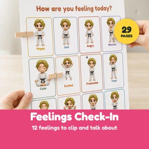 Puede incluir: Un gráfico de control de emociones titulado How are you feeling today? con 12 cuadrados que muestran personajes en uniformes de karate blancos. Cada cuadro representa una emoción como Happy, Sad, Angry, Worried, Calm, Excited, Frustrated y Tired. Un círculo amarillo indica 29 páginas.
