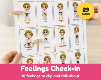 May include: A Feelings Check-In chart titled How are you feeling today? featuring 12 grid squares with cartoon characters in white karate uniforms. Each square displays a specific emotion like Happy, Sad, Angry, Worried, Calm, Excited, Frustrated, and Tired. A yellow circle indicates 29 pages.