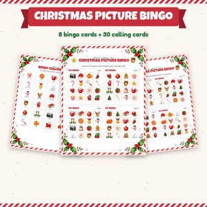 May include: A Christmas Picture Bingo game set featuring 8 bingo cards and 30 calling cards. The sheets display grids with colorful holiday icons like reindeer, ornaments, and presents, framed by red and white striped borders with holly.