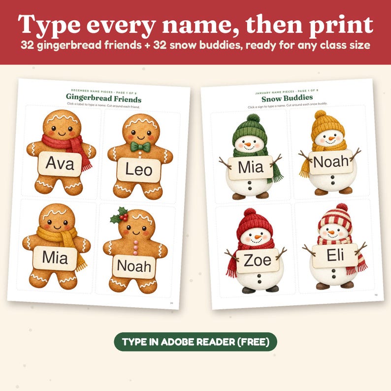 K&ouml;nnte beinhalten: Ein druckbares Lehrmaterial mit Lebkuchenm&auml;nnern und Schneem&auml;nnern, die Namensschilder halten. Der Text umfasst Type every name, then print, 32 gingerbread friends + 32 snow buddies, Gingerbread Friends, Snow Buddies und TYPE IN ADOBE READER (FREE).
