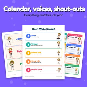 May include: A set of three printable classroom charts featuring a calendar, a Don't Wake Sensei voice level guide with levels 0 to 4, and shout-out cards. The designs include cartoon characters in karate uniforms on a white background.