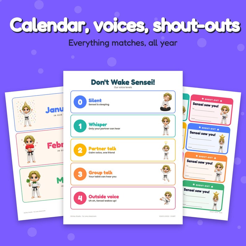 May include: A set of three printable classroom charts featuring a calendar, a Don't Wake Sensei voice level guide with levels 0 to 4, and shout-out cards. The designs include cartoon characters in karate uniforms on a white background.