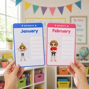 May include: Two rectangular birthday charts with rounded corners. The left chart is blue with the text January and a cartoon character in a white karate uniform with a party hat. The right chart is pink with the text February and a cartoon character in a white karate uniform holding a red heart. Both feature lined spaces for writing names.