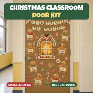 K&ouml;nnte beinhalten: Ein Weihnachts-T&uuml;rdekorationsset f&uuml;r Klassenzimmer mit Lebkuchen-Motiv in Braun. Es enth&auml;lt eine zentrale Fenstergrafik, Bonbon-Akzente und Lebkuchenm&auml;nnchen-Ausschnitte mit den Namen Ava, Leo, Mia, Noah, Zoe, Eli, Ruby und Sam.