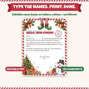 May include: An editable Christmas elf arrival letter template featuring a red and white candy cane border, green elf legs, a decorated tree, a gingerbread man, and a snowman. The text includes Hello, New Friend and North Pole postmark.