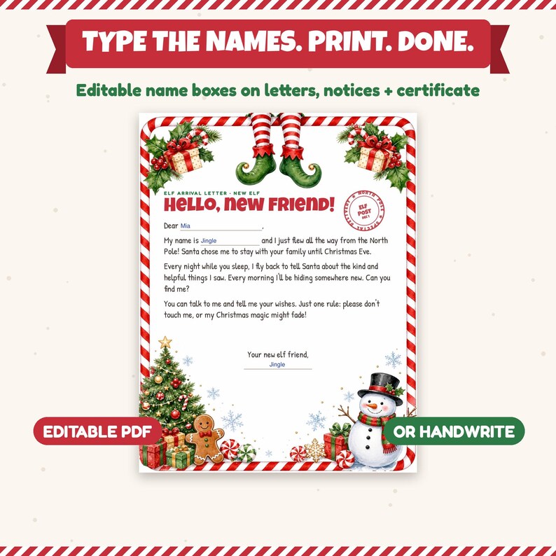 May include: An editable Christmas elf arrival letter template featuring a red and white candy cane border, green elf legs, a decorated tree, a gingerbread man, and a snowman. The text includes Hello, New Friend and North Pole postmark.