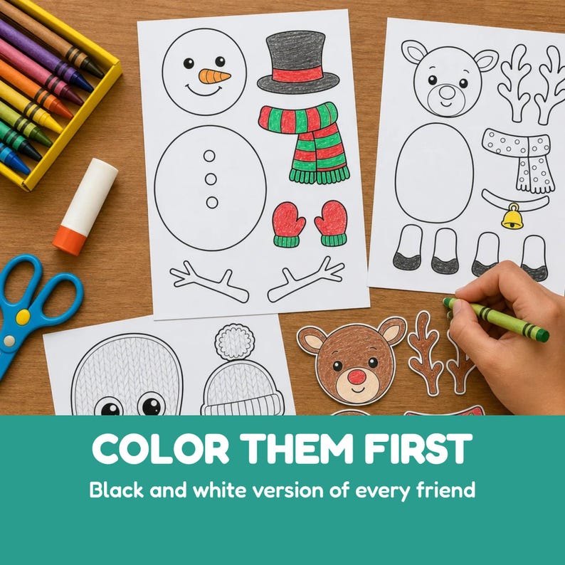 May include: A set of printable activity sheets featuring outlines of a snowman and a reindeer with accessories like hats, scarves, and mittens. The sheets are accompanied by crayons, a glue stick, and blue scissors on a wooden surface.