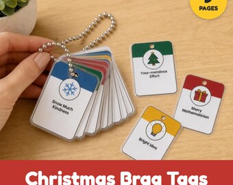 May include: A set of rectangular Christmas brag tags on a metal ball chain. Each tag features a white background with a colored top section, a holiday-themed icon, and text including Snow Much Kindness, Tree-mendous Effort, Merry Mathematician, and Bright Idea.