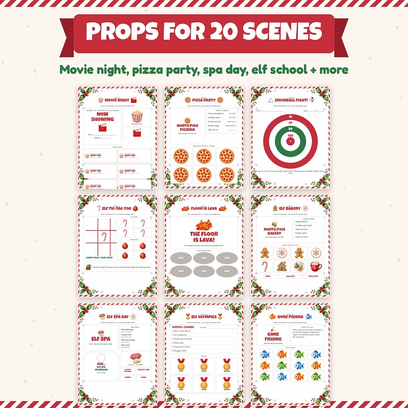 May include: A collection of printable activity sheets titled Props for 20 Scenes, featuring themes like Movie Night, Pizza Party, and Elf Spa Day. Each page includes colorful graphics, game instructions, and festive borders with holly and berries.
