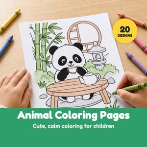 Puede incluir: Una página para colorear con un panda sentado a una mesa con una tetera y una taza, rodeado de bambú y una linterna de piedra. La página incluye una insignia circular amarilla con el texto 20 DESIGNS. Varios lápices de colores rodean el papel.