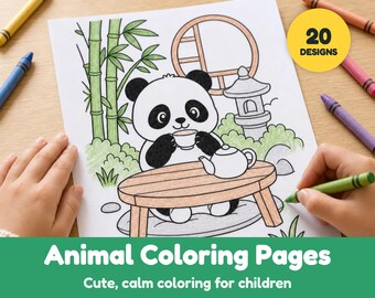 May include: A coloring page featuring a panda sitting at a table with a teapot and cup, surrounded by bamboo and a stone lantern. The page includes a yellow circular badge with the text 20 DESIGNS. Several colored crayons are placed around the paper.