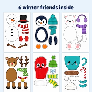 May include: A printable craft sheet featuring 6 winter friends inside, including a snowman, penguin, polar bear, reindeer, mitten, and cocoa mug, each with separate cut-out components like hats, scarves, and accessories in various colors.