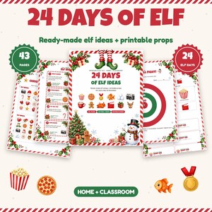 May include: A printable kit titled 24 Days of Elf featuring 43 pages of holiday-themed ideas and props. The set includes activity sheets, bingo cards, and game boards decorated with illustrations of a Christmas tree, snowman, and gingerbread man.