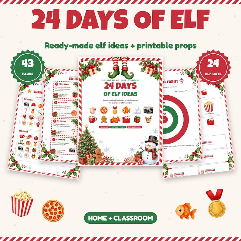 May include: A printable kit titled 24 Days of Elf featuring 43 pages of holiday-themed ideas and props. The set includes activity sheets, bingo cards, and game boards decorated with illustrations of a Christmas tree, snowman, and gingerbread man.