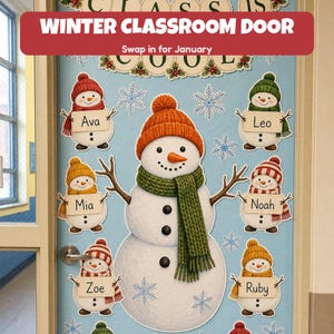 K&ouml;nnte beinhalten: Eine Klassenzimmert&uuml;r-Dekoration mit einem gro&szlig;en zentralen Schneemann, der eine orangefarbene Strickm&uuml;tze und einen gr&uuml;nen Schal tr&auml;gt, umgeben von sechs kleineren Schneem&auml;nnern mit Schildern der Namen Ava, Leo, Mia, Noah, Zoe und Ruby. Der hellblaue Hintergrund zeigt Schneeflocken und den Text WINTER CLASSROOM DOOR.