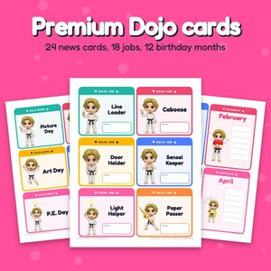 May include: Premium Dojo cards set featuring 24 news cards, 18 jobs, and 12 birthday months. The cards display cartoon characters in white martial arts uniforms with various labels like Line Leader, Caboose, and P.E. Day on colorful backgrounds.